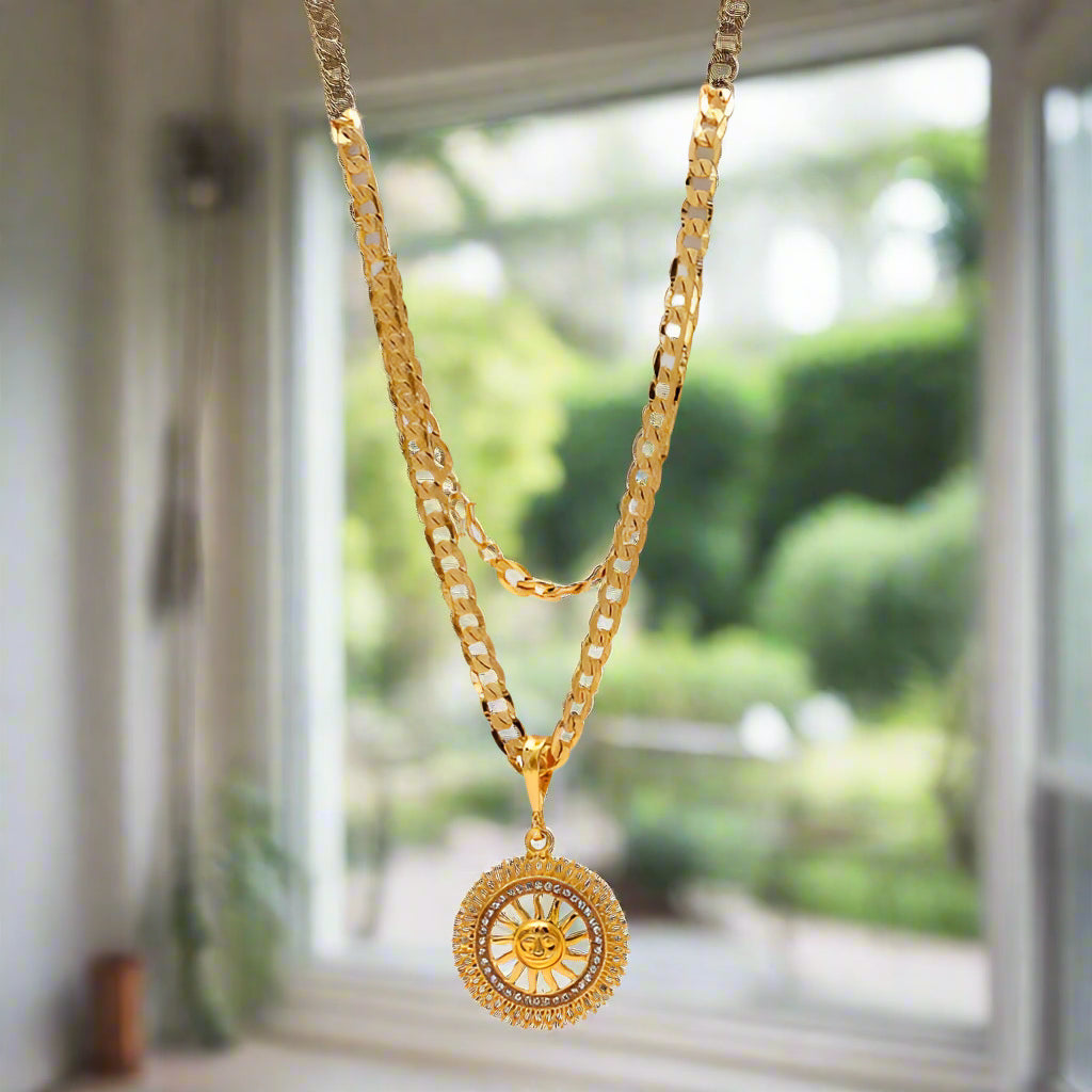 18K Gold Plated Suraj Pendant with Cuban Link Heavy Chain – Sun God Necklace for Men (Copy)