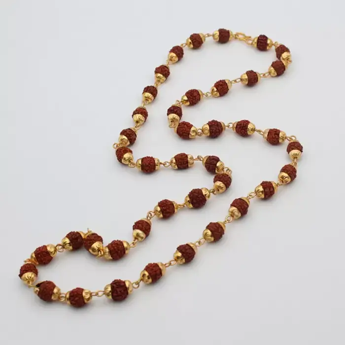 Qkatika Gold-Plated Rudraksha Bead Mala – 51 Beads for Pooja, Meditation & Daily Wear - Image 1