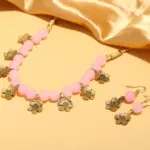 Light Pink Beads & Gold Floral Charm Necklace Set with Matching Earrings – Festive Wear Jewelry