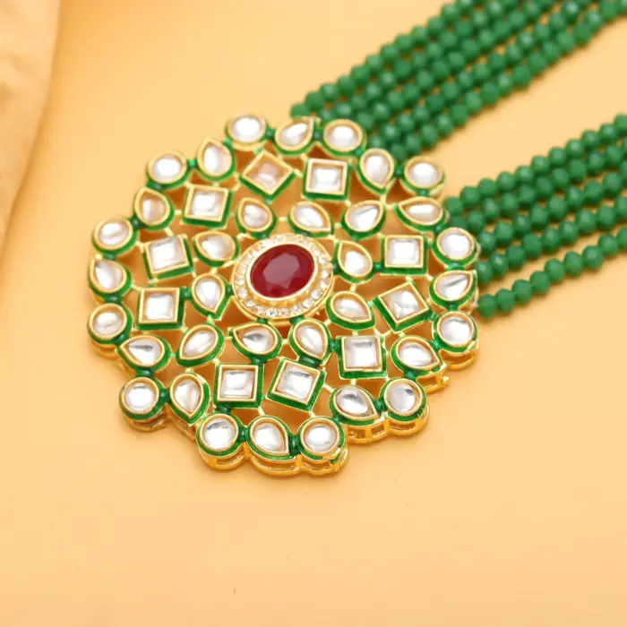 Qkatika Rajasthani Wedding Kundan Necklace Set with Green Beads & Earrings - Image 2