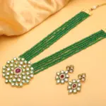 Qkatika Rajasthani Wedding Kundan Necklace Set with Green Beads & Earrings - Image 3
