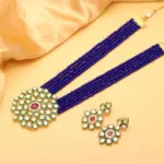 Qkatika Rajasthani Royal Blue Kundan Necklace Set with Multi-Strand Beads & Matching Earrings