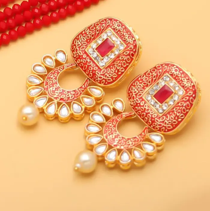 Rajasthni Red Crystal Necklace Set For Women And Girls - Image 2