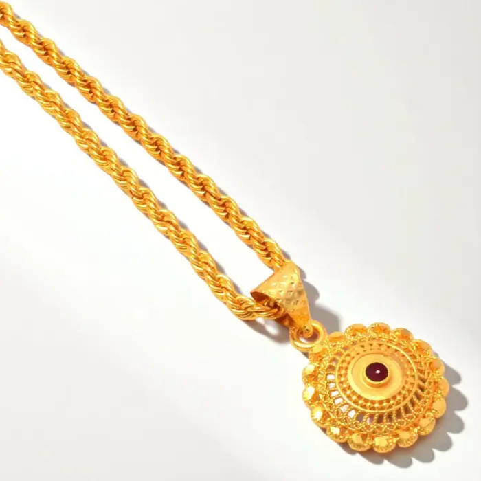 QKATIKA GOLD PLATED ROUND DESIGNER PENDANT WITH CHAIN - Image 1