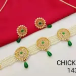 Elegant Pearl & Kundan Choker Necklace Set with Green Beads – Chick Set