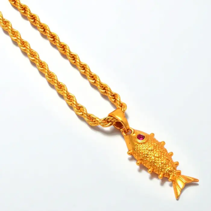 QKATIKARED EYE FISH GOLD PLATED PENDANT WITH CHAIN - Image 1