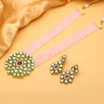 Qkatika Rajasthani Wedding Kundan Necklace Set with Pastel Pink Beads & Earring